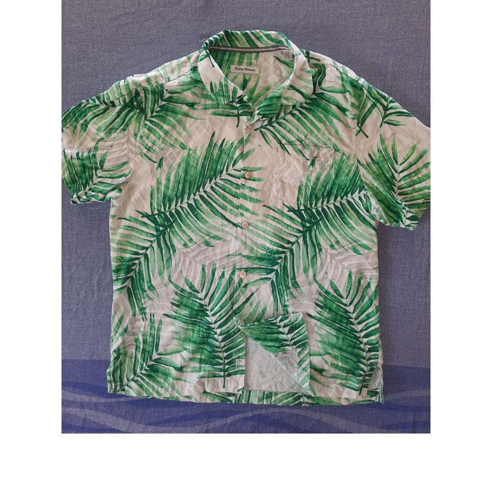 Tommy Bahama Mens Large Silk Palm Leaf Print Camp Shirt Green White 231-ST326267